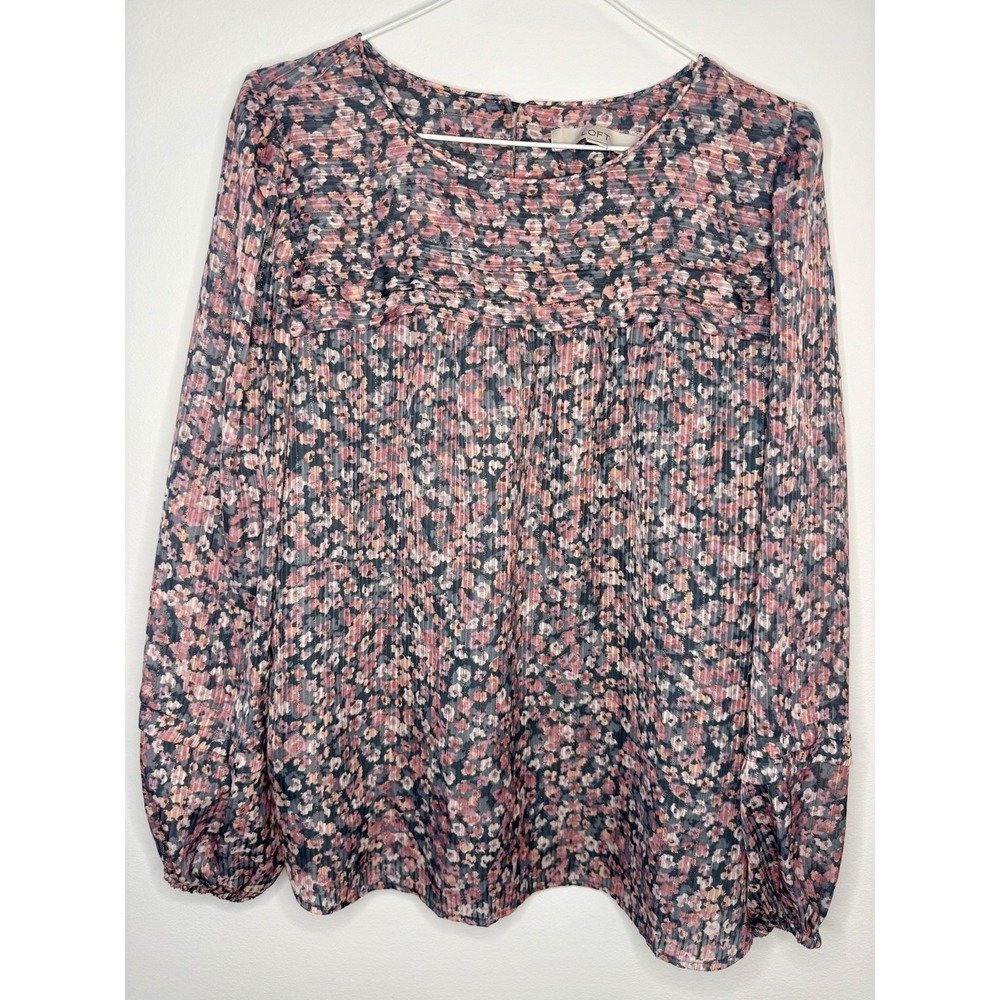 Ann Taylor LOFT Blouse Women's M Pink Floral Sheer Lined‎ Long Sleeve Boho Top